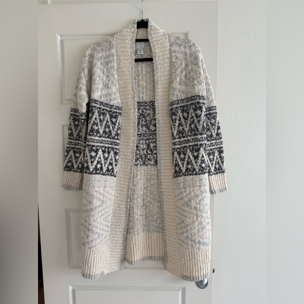 Joie Open Front Longline Nordic Knit Cardigan Cream & Gray Size XS